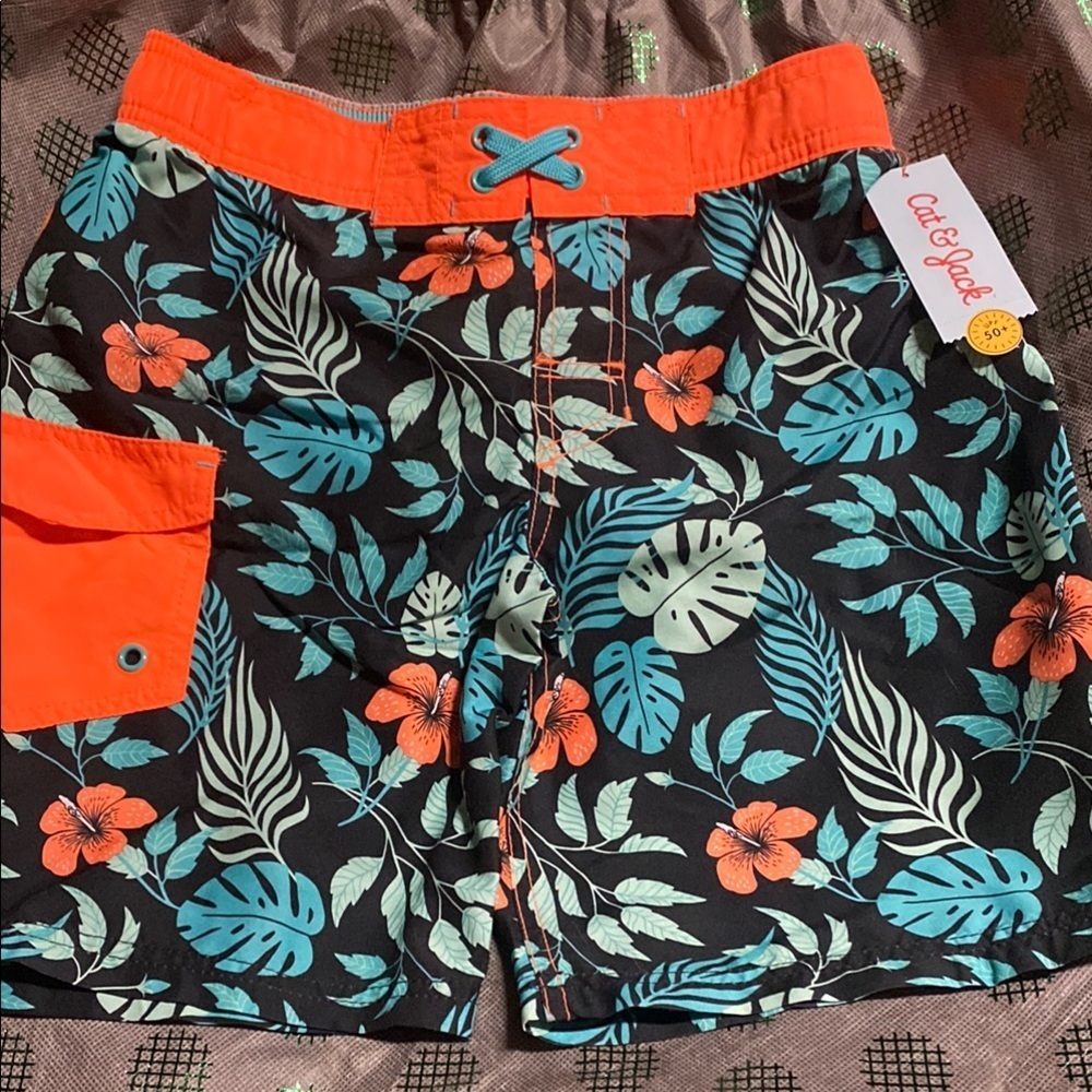 Boy’s Tropical Floral Size M Husky Drawstring Swim Trunks NWT Summer Beach